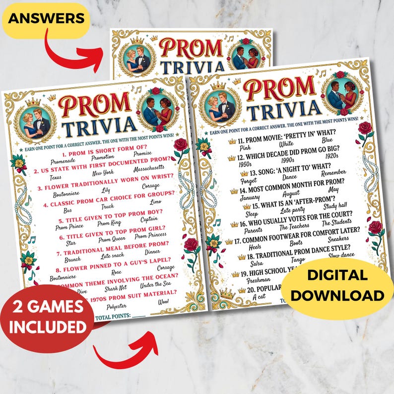 Prom Trivia Party Game Printable,high School Senior Party Quiz,fun ...