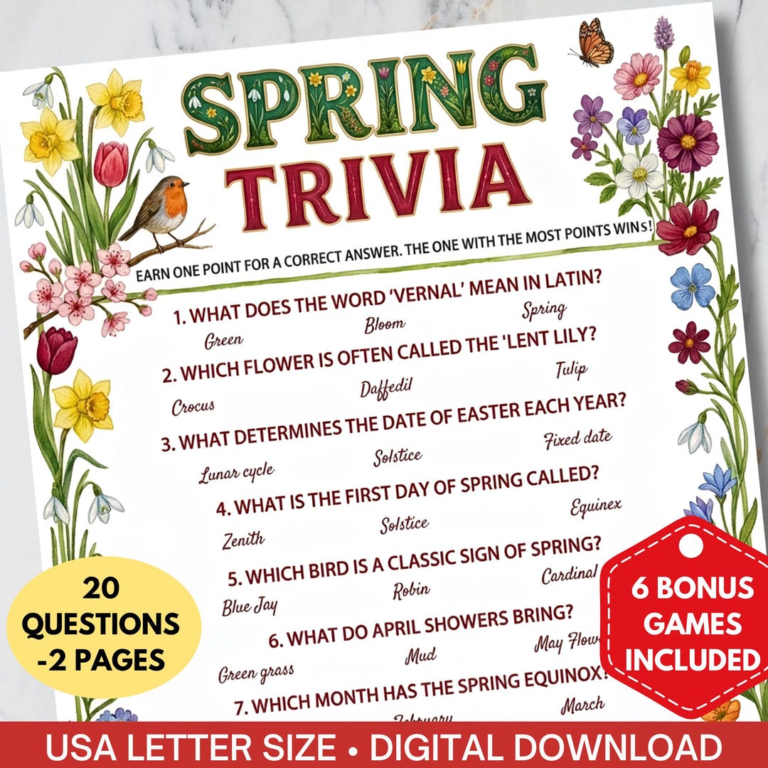 Printable Spring Trivia Questions Spring Trivia Party Game Printable,spring Quiz for Kids Teen Adult ...