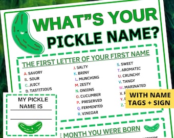 What's Your Pickle Name Game with Nametags & Sign, Pickle Birthday+Shower Party Game,Printable Family Holiday Game(Kids+Adults), Pickleball