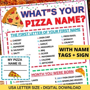 What&#39;s Your Pizza Name Game With Sign & Nametag, Birthday Party Name Game,Pi day School Pizza Name Generator Game, Family Printable Activity