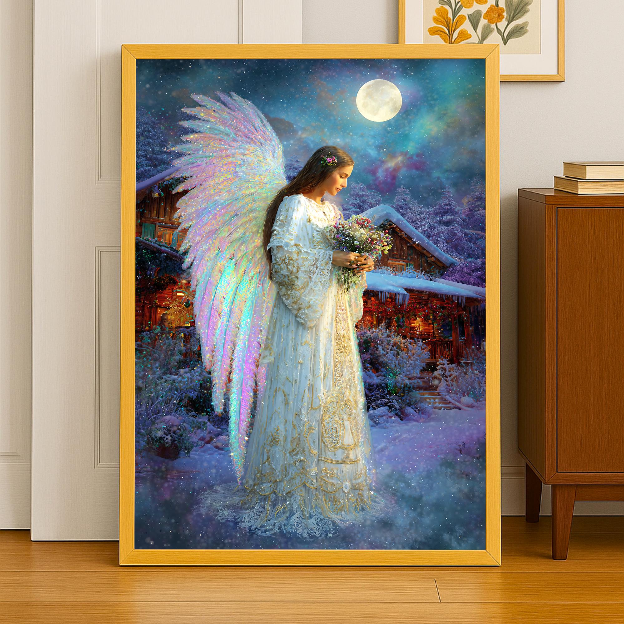 花と星を持つ天使 - ヴィンテージクリスマスウォールアート、冬の天使