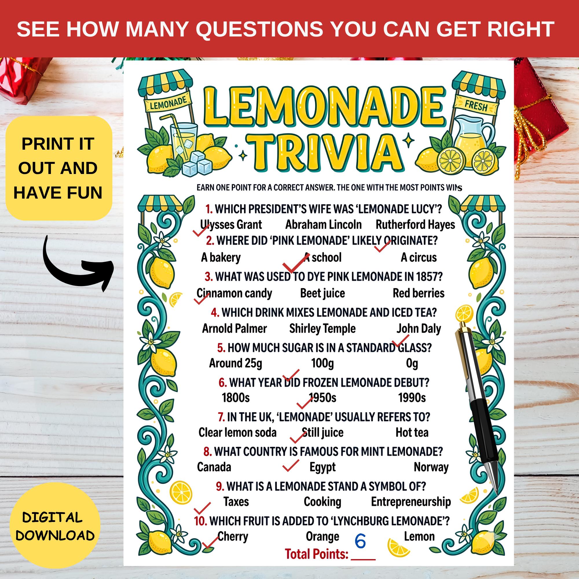 Lemonade Trivia Game Printable,summer Drink Birthday Games for Kids ...