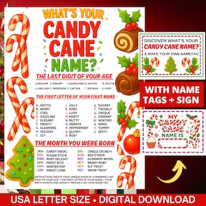 May include: A festive digital download with a Christmas theme. It features a "What's Your Candy Cane Name?" game, candy cane graphics, and name tags. Includes instructions for creating a unique name.