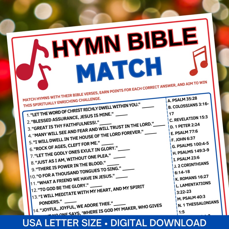 Hymn Bible Verse Match Game,bible Match Party Games for Kids &amp; Adults,church Fun Activity,bible ...