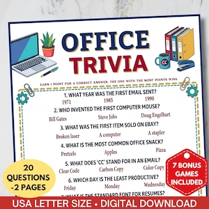 May include: A colorful office trivia game with 20 questions and 7 bonus games. The design includes a laptop, coffee cup, and file folders. The text reads "Office Trivia" and "USA Letter Size - Digital Download."