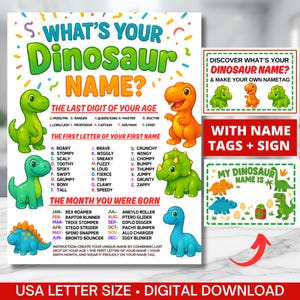 Jogo &quot;Qual é o seu nome de dinossauro?&quot; com crachás e placa, jogo de aniversário jurássico, jogo de chá de bebê (crianças + adultos), jogo de paleontologia, jogos de dinossauro