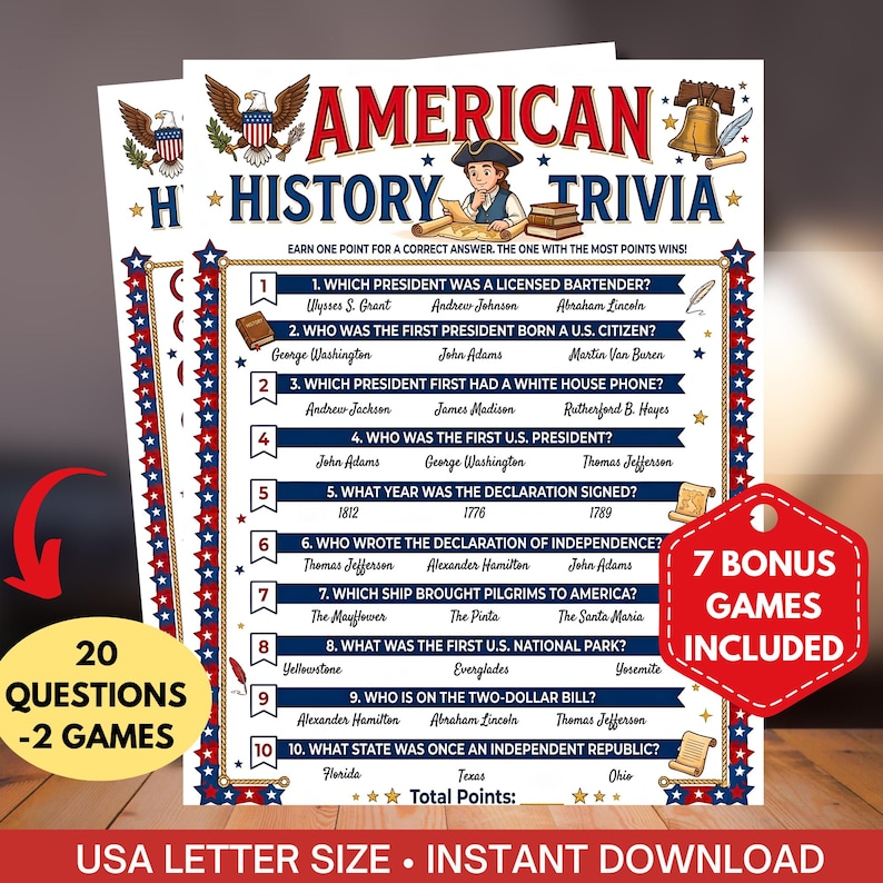 American History Trivia Game Printable,us History Quiz for Kids & Adults,united States History ...
