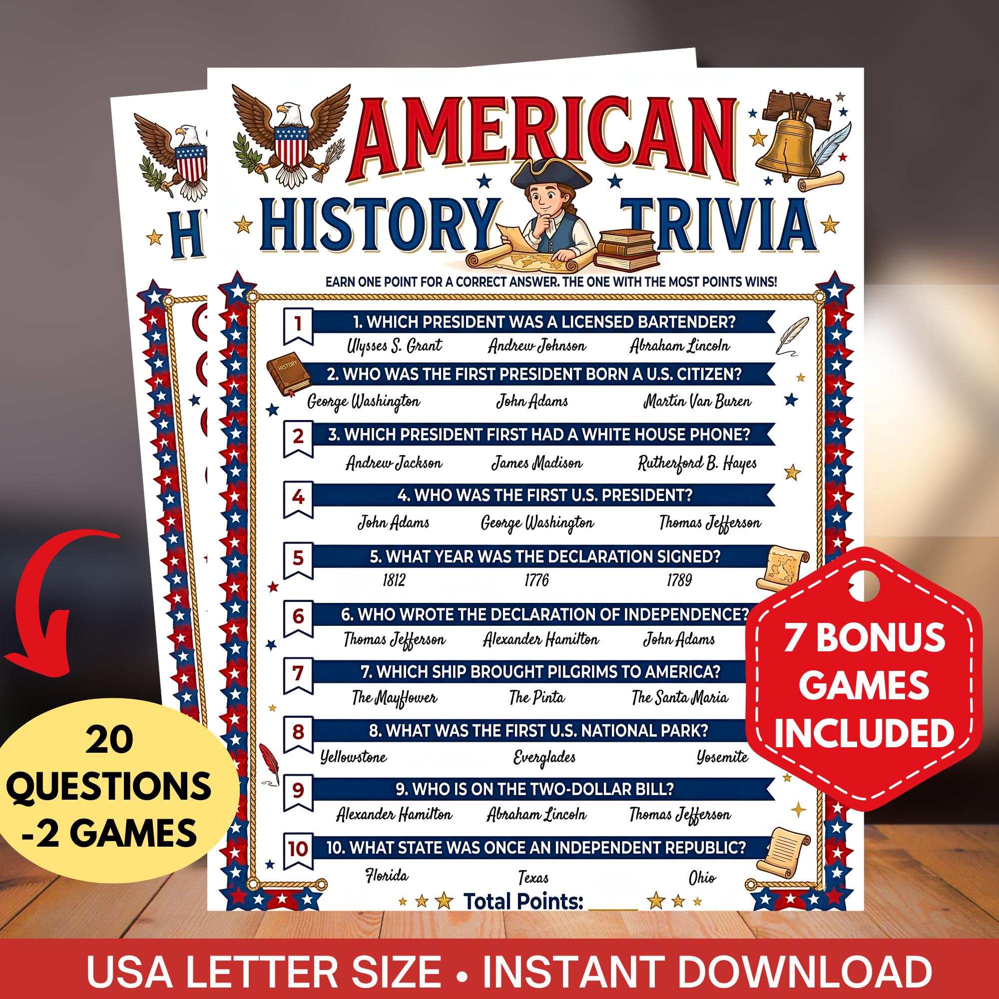 American History Trivia Game Printable,us History Quiz for Kids ...