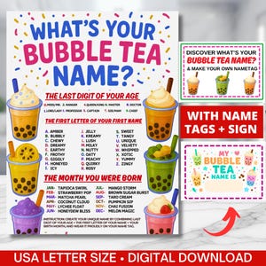 Puede incluir: Una colorida impresión digital titulada "¿Cuál es tu nombre de Bubble Tea?" presenta ilustraciones de bubble tea y una guía para crear un nombre único. Incluye secciones para la edad, la inicial del nombre y el mes de nacimiento. La impresión es de tamaño carta estadounidense y está disponible como descarga digital.