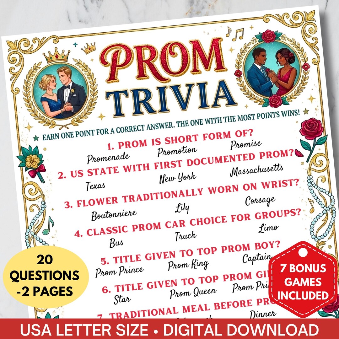 Prom Trivia Party Game Printable,high School Senior Party Quiz,fun ...