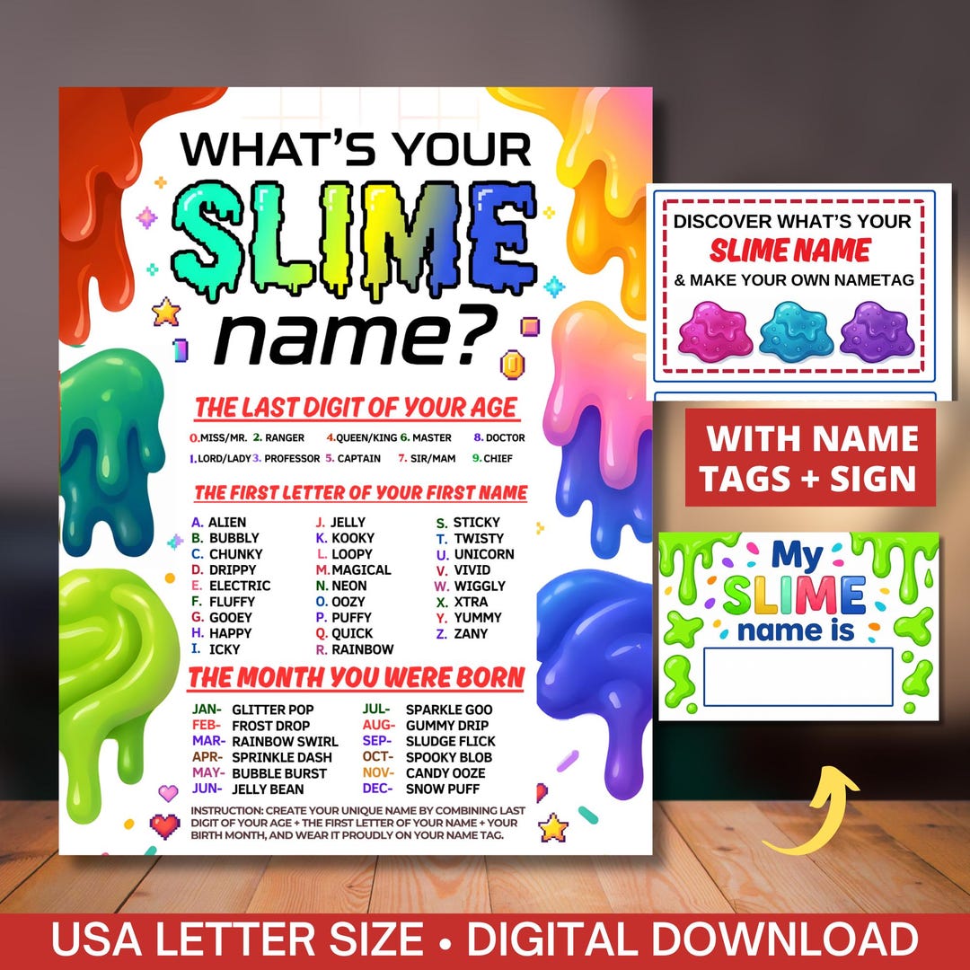 Slime Lab Sign What's Your Slime Name Game With Nametags & Sign(retro Arcade Neon ...