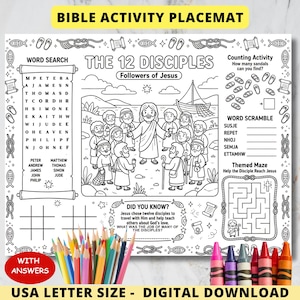 May include: A black and white Bible activity placemat featuring a word search, word scramble, and maze. The placemat includes illustrations of Jesus and his disciples, along with a set of colored pencils and crayons.
