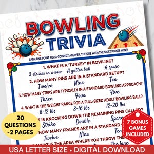 May include: Bowling trivia game with 20 questions and 7 bonus games. The design features bowling pins, a bowling ball, and text that reads "Bowling Trivia." Includes questions about bowling terms and rules. USA Letter Size, digital download.