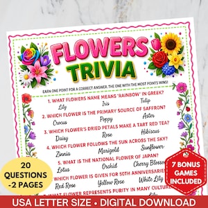 May include: A colorful Flowers Trivia game sheet with a pink and green border. The title "Flowers Trivia" is in large pink letters. The sheet includes trivia questions about flowers and the text "USA Letter Size • Digital Download".
