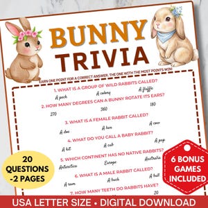 May include: A printable "Bunny Trivia" game with a white background, featuring two cartoon rabbits and trivia questions. The game includes 20 questions, 6 bonus games, and is USA letter size.