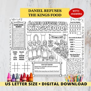 Può includere: Un foglio di attività stampabile in bianco e nero intitolato Daniel Refuses The King's Food, contenente un cruciverba, un labirinto, giochi di parole da riordinare e un'illustrazione centrale di Daniel a un tavolo da banchetto.
