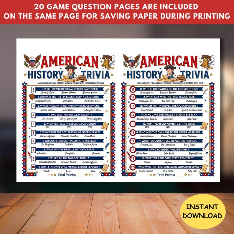 American History Trivia Game Printable,us History Quiz for Kids & Adults,united States History ...