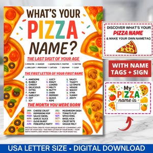 What&#39;s Your Pizza Name Game With Sign & Nametag, Birthday Party Name Game,Pi day School Pizza Name Generator Game, Family Printable Activity