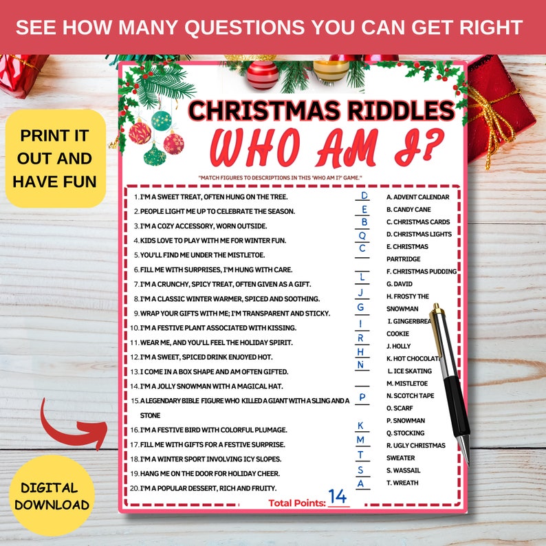 Christmas Riddles Who Am I Game for Kids & Adultchristmas Party Printable Gameholiday Office