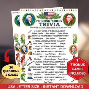 May include: A trivia game titled "Founding Fathers Trivia" featuring portraits of historical figures and the American flag. The game includes 20 questions, 7 bonus games, and is USA letter size. The game is designed to test knowledge of U.S. history.