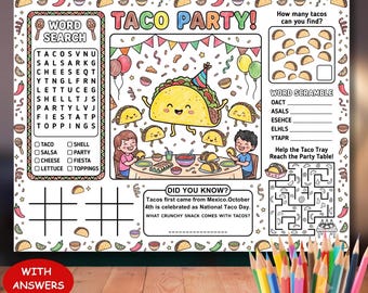 Taco Party Aktivitet Bordstablett Pyssel, Barn Fiesta Party Aktivitet, Taco Tuesday Målarbild, Mexikansk Mat Tema Spel, Nacho Average Party Spel
