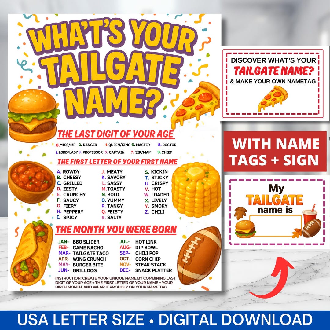 What's Your Tailgate Name Game With Nametags & Sign,birthday Picnic ...