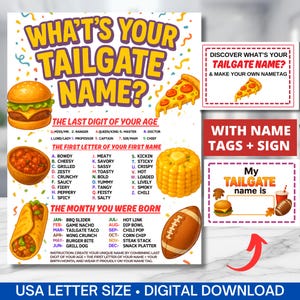 Pode incluir: Uma impressão digital colorida com o texto "What's Your Tailgate Name?" e ilustrações de comida. Inclui um guia para criar um nome único com base na idade, no primeiro nome e no mês de nascimento. Inclui também etiquetas de identificação.