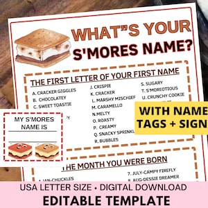 What&#39;s Your S&#39;mores Name Game With Nametags+Sign|S&#39;mores Birthday Party Activity|Camping Fun Printable Game(Adults+Kids)|Bonfire Family Game