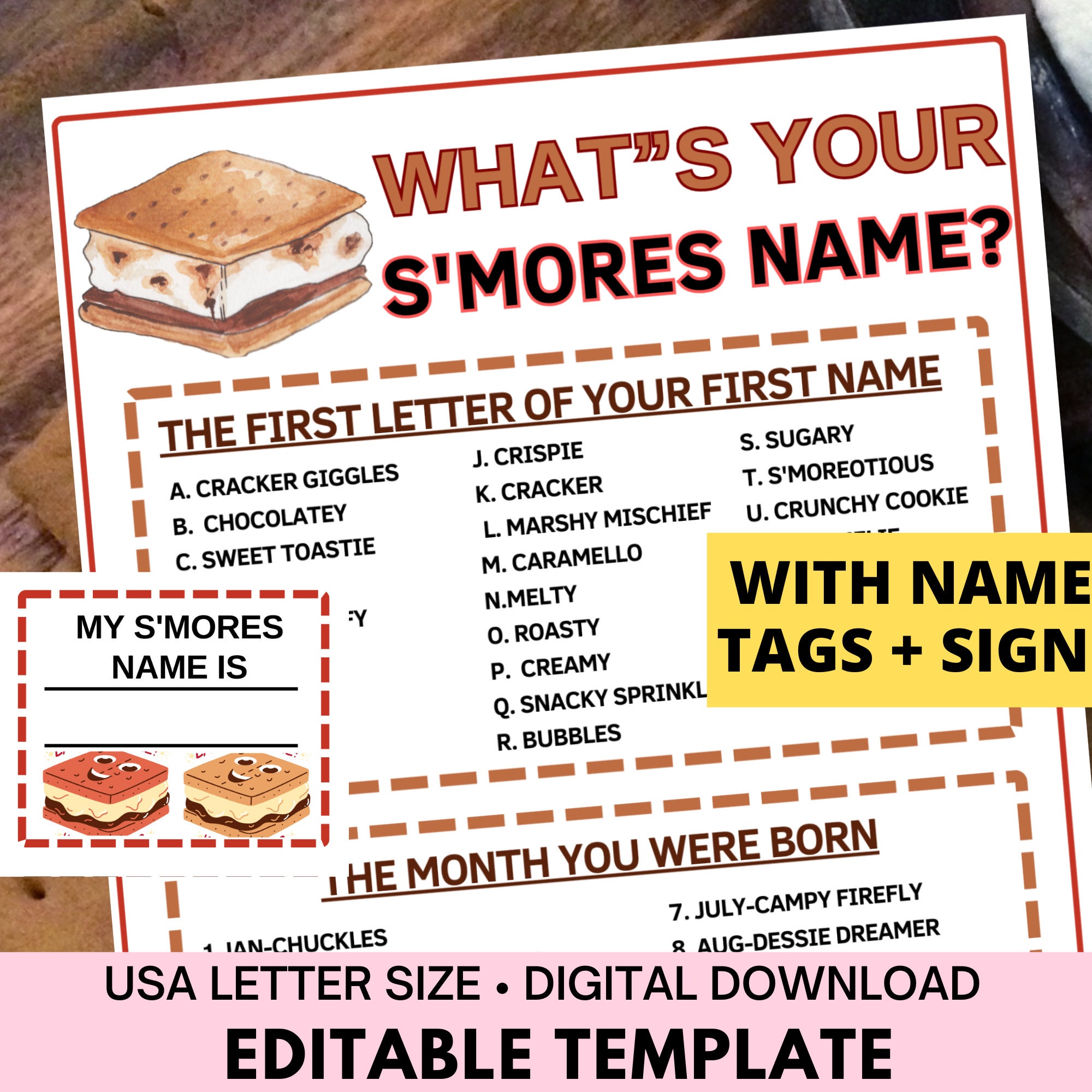 What's Your S'mores Name Game (1 S'mores Sign and 30 Name Tag Stickers),  S'mores Game Party Decoration, Birthday Game for Kids, Family Game-28