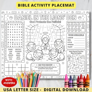 May include: Black and white Bible activity placemat featuring the story of Daniel in the lions' den. Includes word puzzles, a maze, and a word scramble. The placemat is USA letter size and a digital download. Colored pencils and crayons are shown.