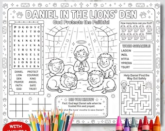 Jogo Americano de Atividades da Cova de Daniel, Página para Colorir da História Bíblica, Jogo Cristão Infantil para a Igreja, Lição de Coragem para a Escola Dominical, Folha de Atividades para Educação Domiciliar