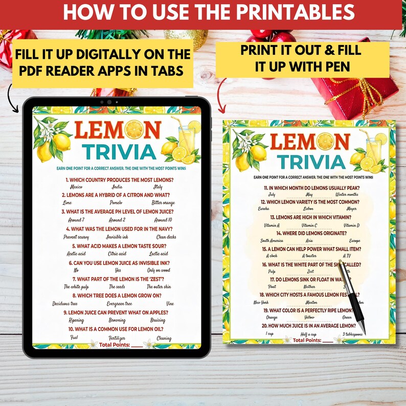 Lemon Trivia Game Printable,summer Lemonade Birthday Games for Kids ...