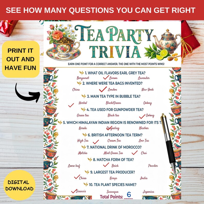 High Tea Trivia Tea Party Etiquette Trivia Game Printable,victorian Elegant Party Quiz ...