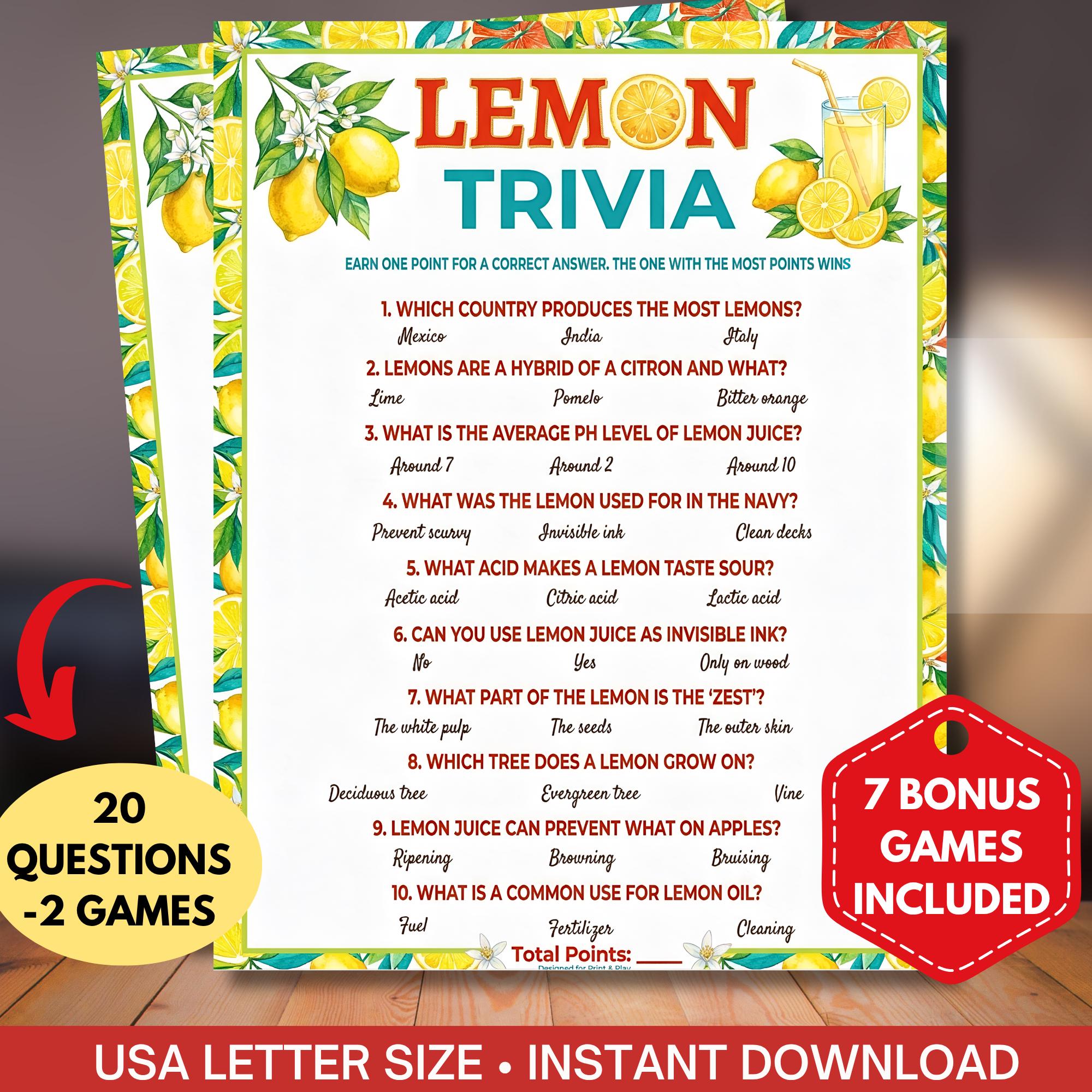 Lemon Trivia Game Printable,summer Lemonade Birthday Games for Kids ...