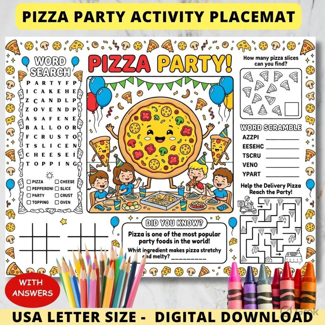 Pizza Party Activity Placemat,pizza Night Coloring Page,kids Pizza ...