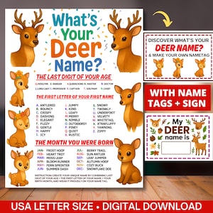 Könnte beinhalten: Digitaler Download mit einem "Wie heißt dein Hirsch?"-Spiel, illustriert mit Hirschen. Enthält Namensschilder und ein Schild. Das Spiel verwendet Alter, Vornamen und Geburtsmonat, um einen einzigartigen Hirsch-Namen zu erstellen. US-Letter-Format.