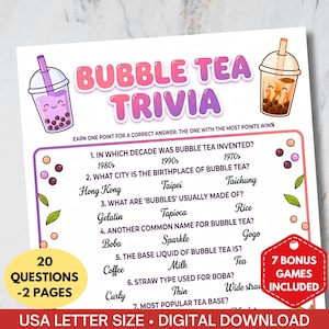 Könnte beinhalten: Bubble Tea Quizspiel mit rosa und lila Design. Das Spiel enthält Fragen zum Bubble Tea mit Antworten zur Auswahl. Das Spiel enthält auch 7 Bonusspiele und ist ein digitaler Download.