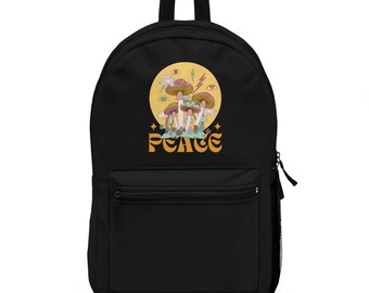 Black Backpack Waterproof, Mustard Peace Mushroom print, Travel Gifts Luggage, School Bag, Gym Bag, Hiking