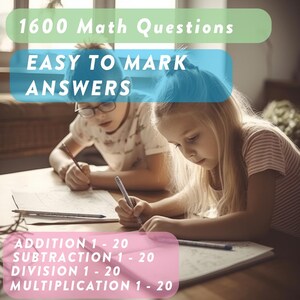 May include: Two children are sitting at a table working on maths problems. The text on the page reads "1600 Maths Questions Easy to Mark Answers Addition 1-20 Subtraction 1-20 Division 1-20 Multiplication 1-20".