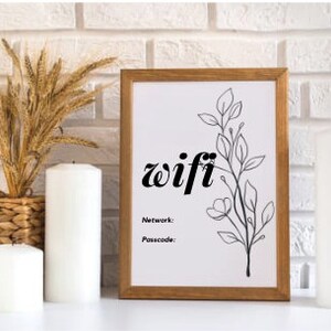Puede incluir: Un cartel enmarcado con un diseño floral y la palabra "wifi" en una fuente decorativa. El cartel tiene espacios en blanco para un nombre de red y una contraseña.
