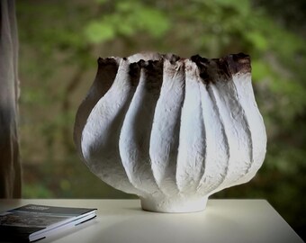 Elegant Sculptural Ceramic Vessel - Off-white Color w/ Brown Accent on Rim, Fluted Sculptural Form