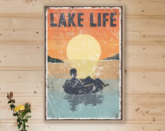 vintage "LAKE LIFE" sign SUNSET > tubing poster for vintage lake house decor, male tuber, modern farmhouse, canvas wall art, aluminum sign