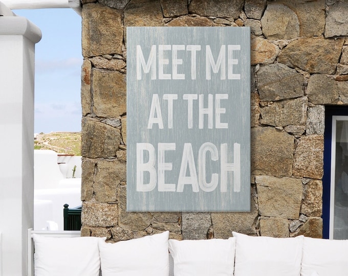 meet me AT THE BEACH sign in smoke gray, vintage beach house decor, retro beach print, vacation rental prints, fun beach signs and wall art