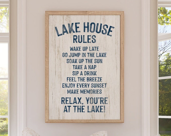 Rustic LAKE HOUSE RULES Sign, Painted Words on White, Vacation Rental Decor, Navy Blue on White, Realtor Closing Gift, Lake Gift for Her