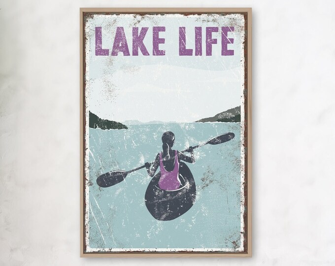 vintage "LAKE LIFE" sign with Purple Accent, KAYAK poster for vintage lake house decor, female Kayaker, modern farmhouse, Kayak Canvas Art
