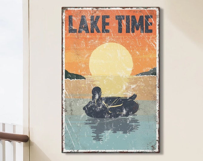 vintage "LAKE TIME" sign SUNSET > tubing poster for vintage lake house decor, female tuber, modern farmhouse, canvas wall art, aluminum sign
