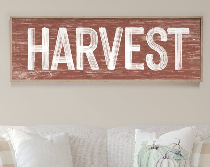 Harvest Sign in Clay Brown, faux weathered wood, seasonal wall art, harvest wall decorations, vintage farmhouse, long horizontal wall art