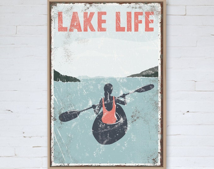 vintage "LAKE LIFE" sign, Coral Accent, KAYAK poster for vintage lake house decor, female Kayaker, modern farmhouse, Kayaking Canvas Art