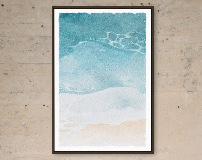 Neutral Watercolor Wall Art for Beach House Decor, Oversized Framed Canvas Sign for Above Couch, Minimal Waves and Sand Collection, No. 105