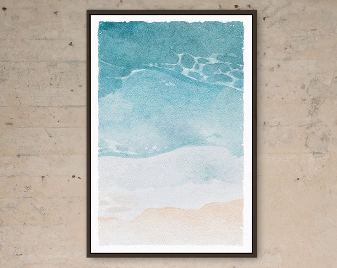 Neutral Watercolor Wall Art for Beach House Decor, Oversized Framed Canvas Sign for Above Couch, Minimal Waves and Sand Collection, No. 105
